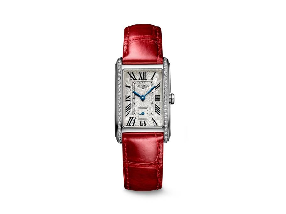 DolceVita  Medium Quarz Edelstahl 23x37mm silbernes Zifferblatt römisch mit Brillanten rotes Lederband