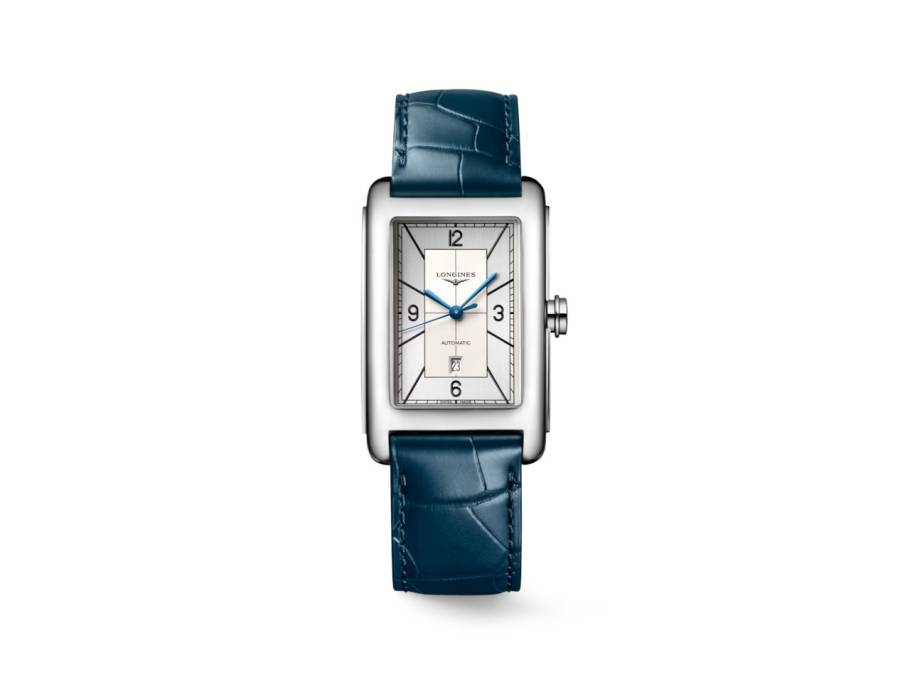 DolceVita Large Automatik Edelstahl 28x44mm silbernes Zifferblatt arabisch blaues Lederband