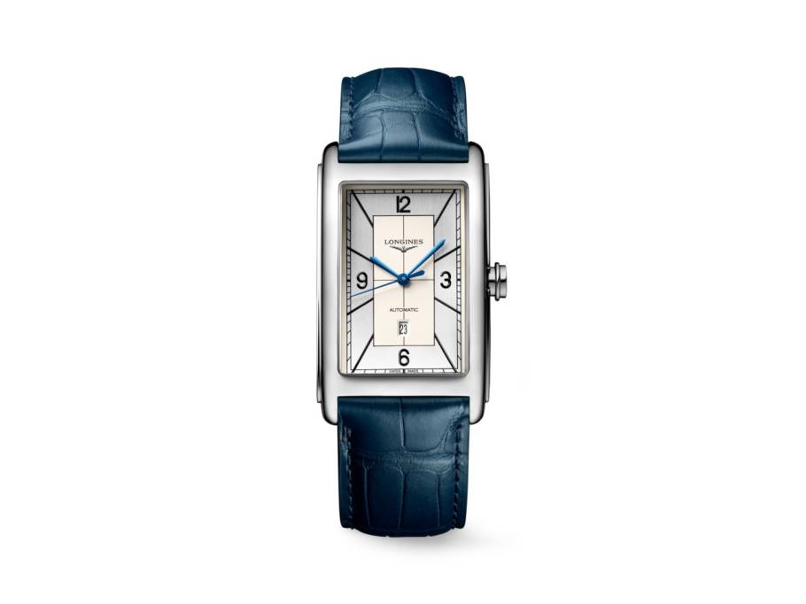DolceVita Maxi Automatik Edelstahl 28x47mm silbernes Zifferblatt arabisch blaues Lederband