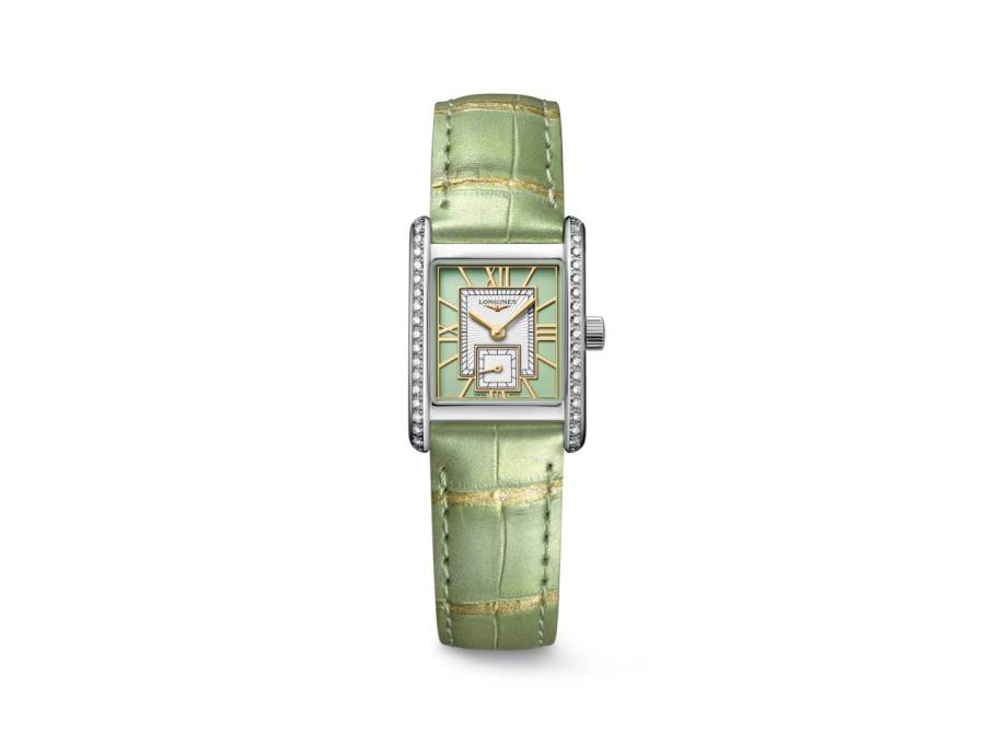 DolceVita   Mini Quarz Edelstahl 22x29mm Brillantbesatz grünes Zifferblatt grünes Lederband