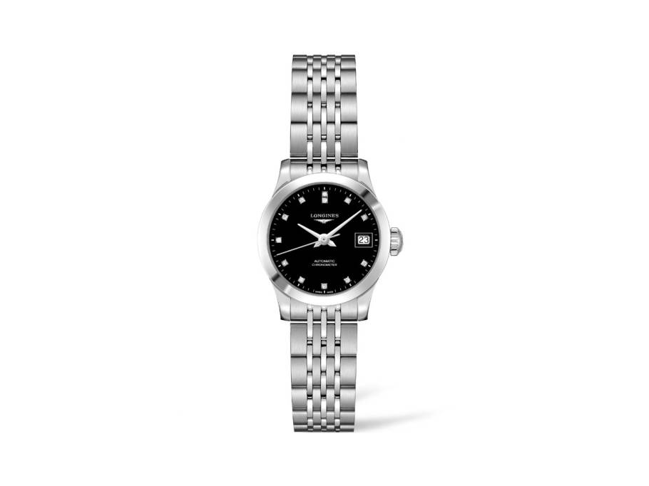 Record Chronometer Automatik 26 mm Edelstahl schwarz Diamanten Metallband