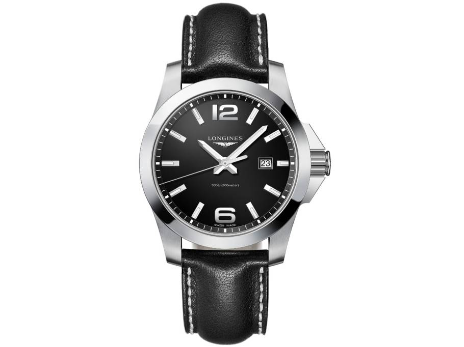 Conquest Herrenuhr Quarz 43 mm Edelstahl schwarz Lederband