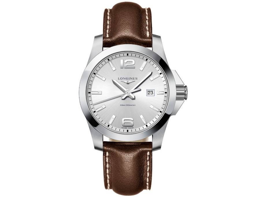 Conquest Herrenuhr Quarz 43 mm Edelstahl silber Lederband