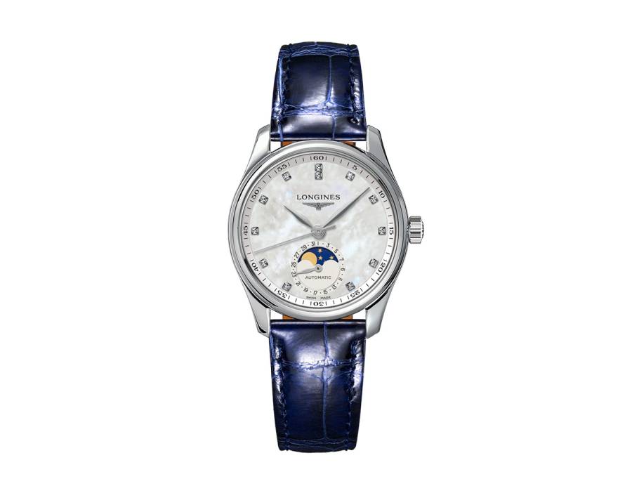 Master Collection Automatik 34 mm Edelstahl Diamanten Perlmutt Lederband blau