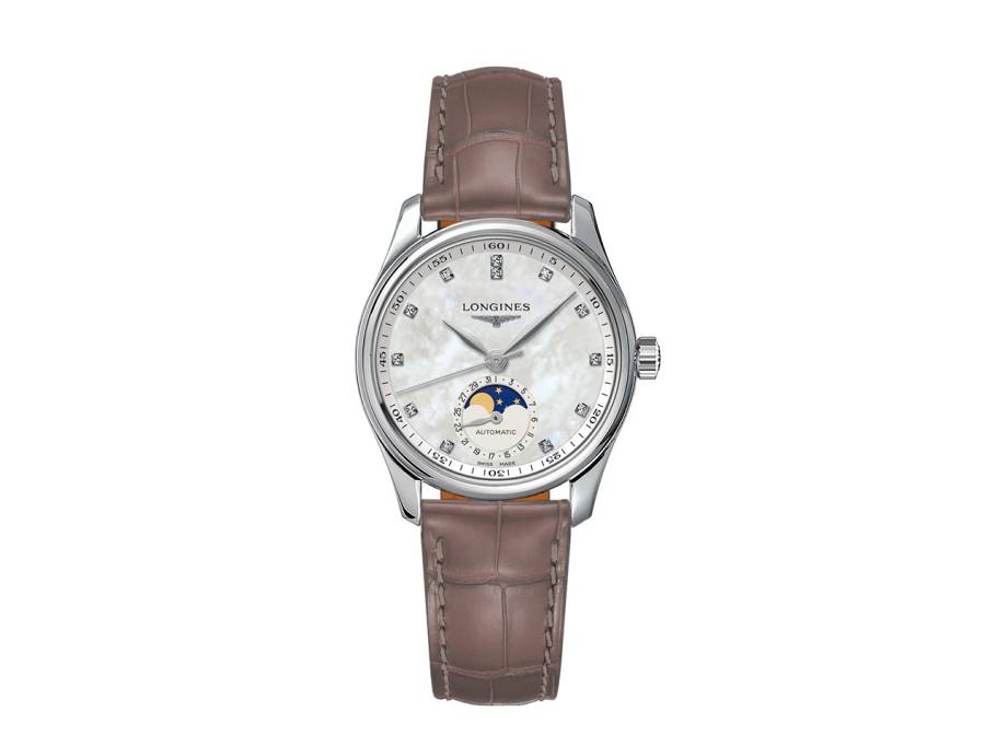 Master Collection Automatik 34 mm Edelstahl Diamanten Perlmutt Lederband braun