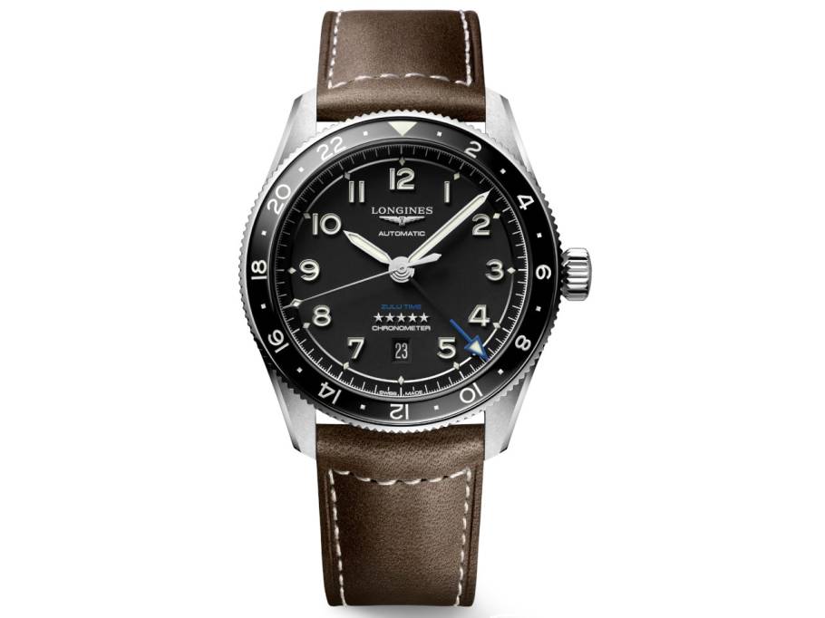 Spirit Zulu Time Automatik Chronometer Edelstahl 42 mm mattschwarzes Zifferblatt braunes Lederband