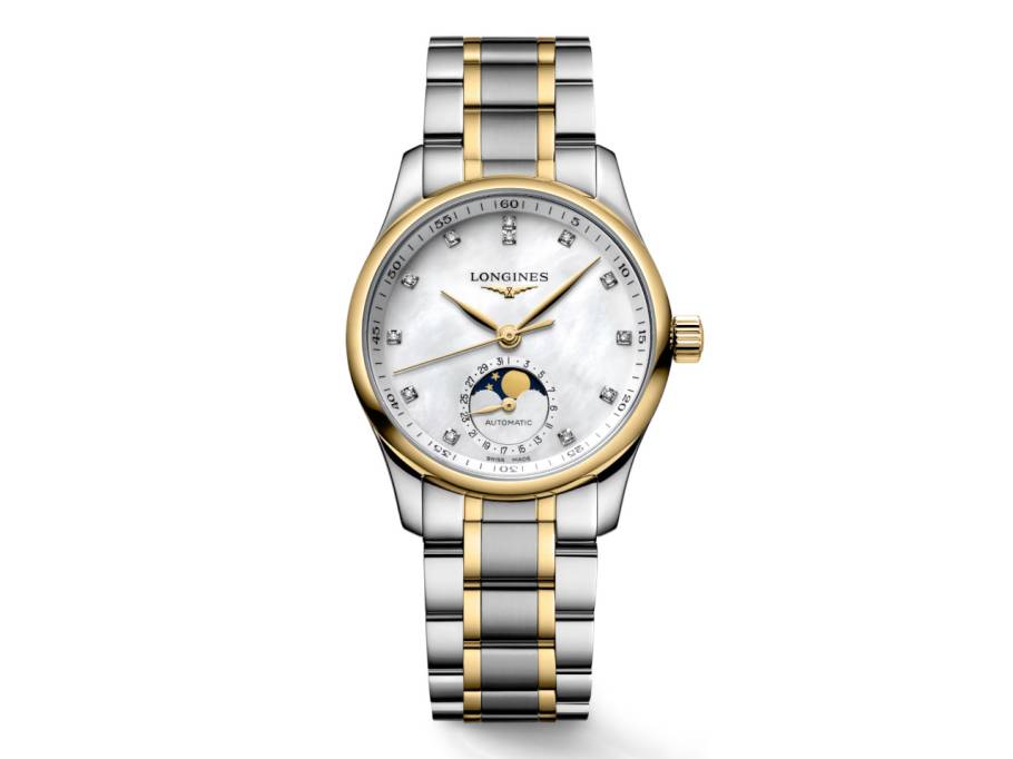 Master Collection Automatik Edelstahl 34mm Perlmutt-Zifferblatt Brillant-Indizes Mondphase zweifarbiges Metallband