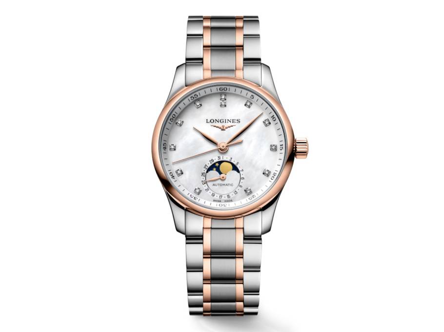 Master Collection Automatik Edelstahl 34mm Perlmutt-Zifferblatt Brillant-Indizes Mondphase zweifarbiges Metallband