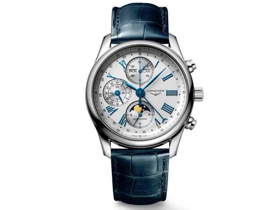    Master Collection Chronograph Automatik Edelstahl 40mm silbernes Zifferblatt Mondphase blaues Lederband