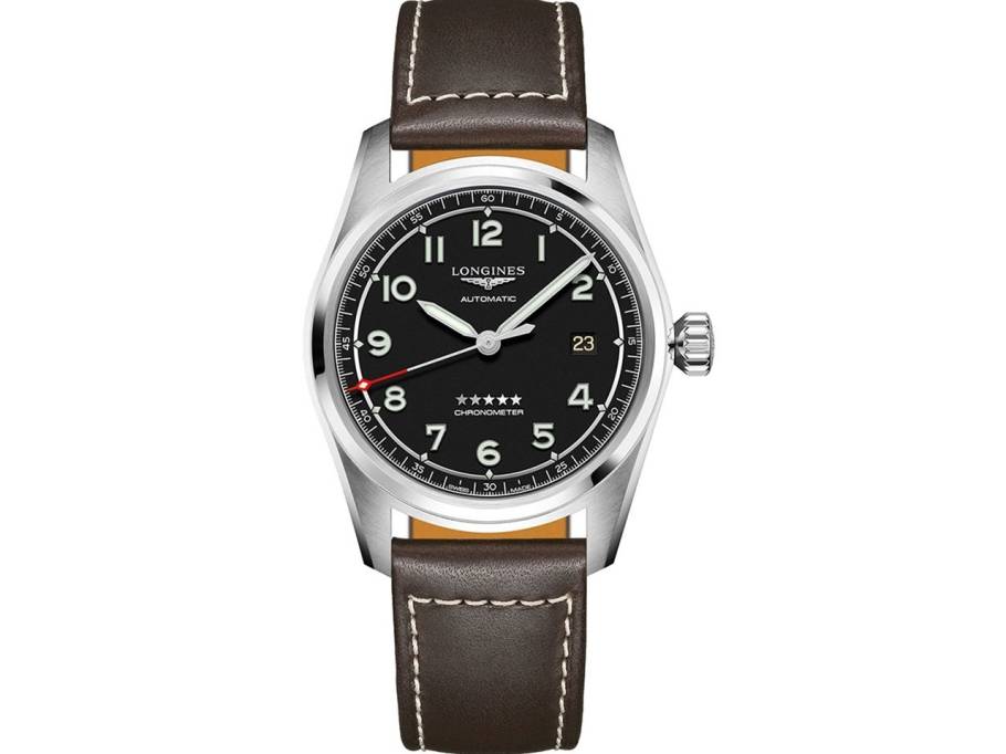 Spirit Automatik Edelstahl 42 mm schwarzes Zifferblatt braunes Lederband 
