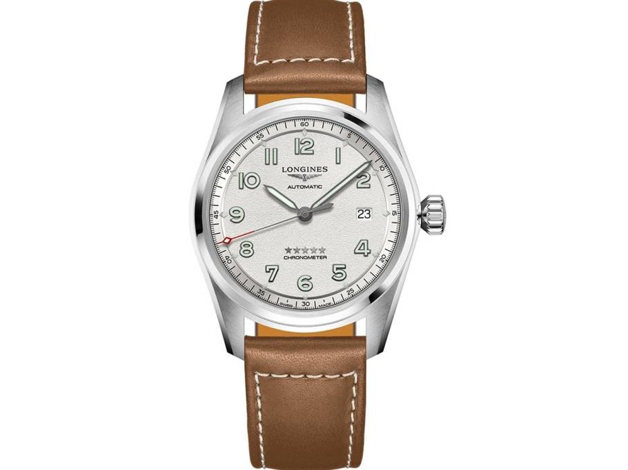 Spirit Automatik Edelstahl 42 mm silbernes Zifferblatt braunes Lederband 