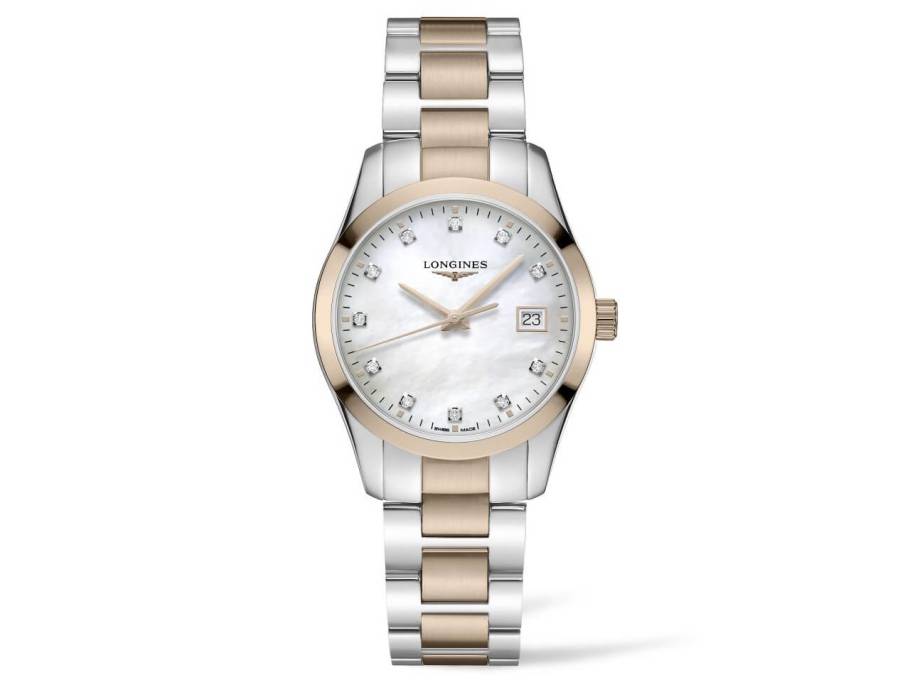 Conquest Classic Damenuhr Quarz Stahl rose PVD weiß Perlmutt Edelstahlband Diamanten