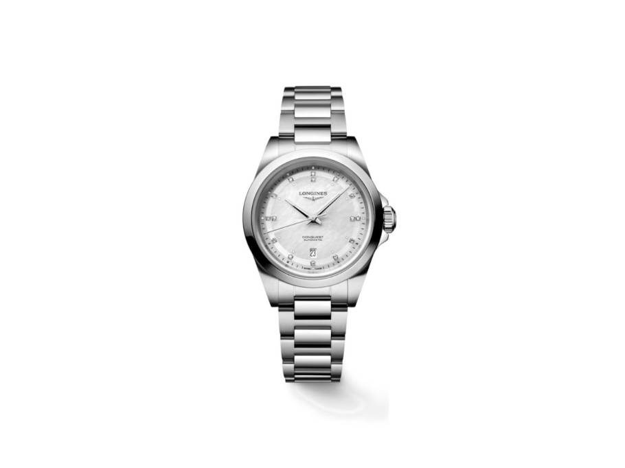 Conquest Automatik Edelstahl 30mm weißes Perlmutt-Zifferblatt Metallband