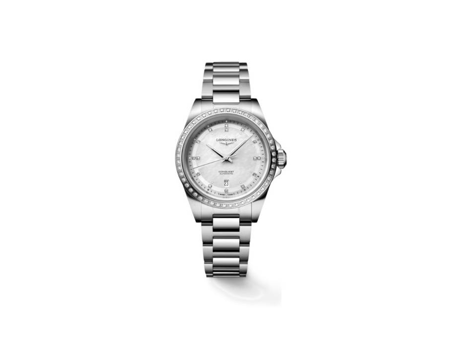 Conquest Automatik Edelstahl 30mm weißes Perlmutt-Zifferblatt Metallband