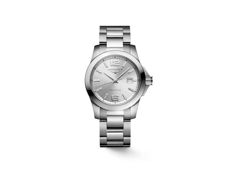 Conquest Quarz Edelstahl 34mm silberfarbenes Zifferblatt Metallband