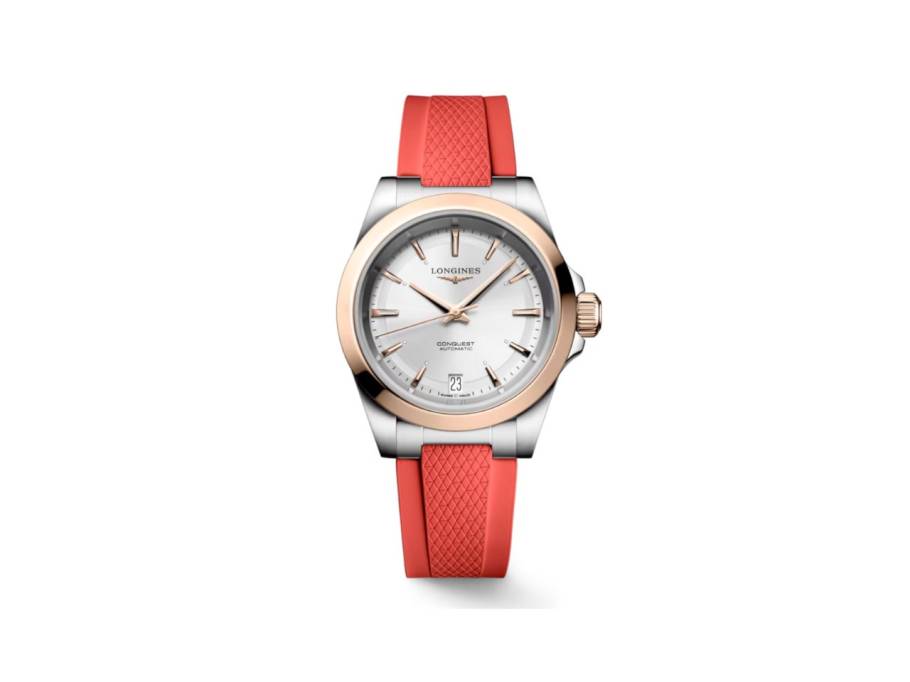 Conquest Automatik Edelstahl 34mm silberfarbenes Zifferblatt orangefarbenes Kautschukband