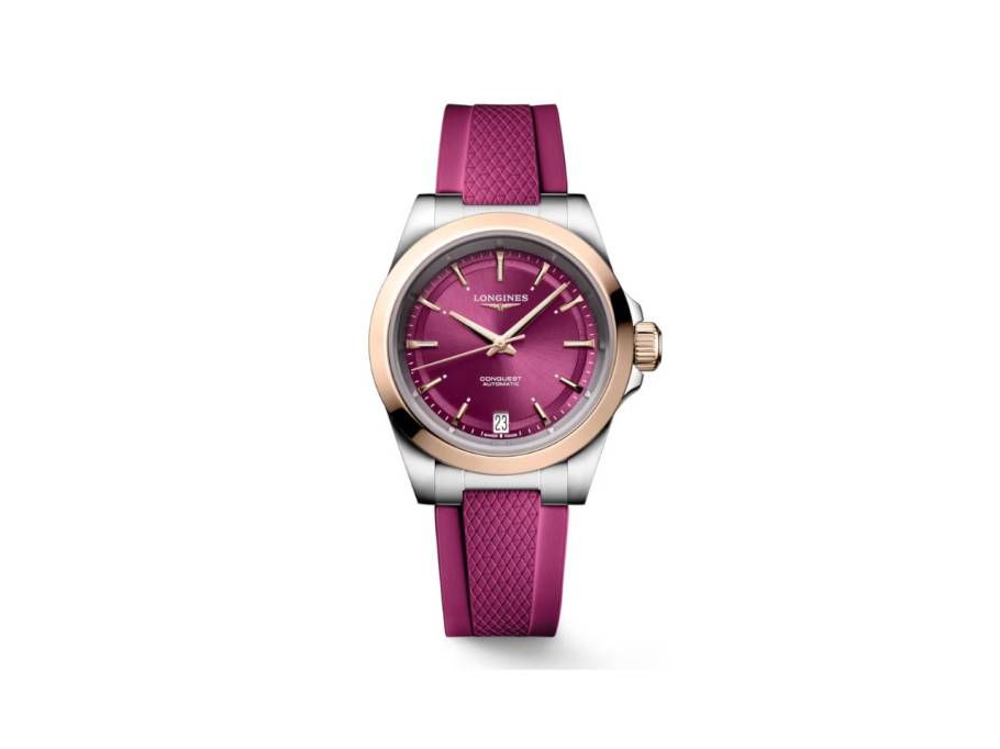 Conquest Automatik Edelstahl 34mm magentafarbenes Zifferblatt magentafarbenes Kautschukband