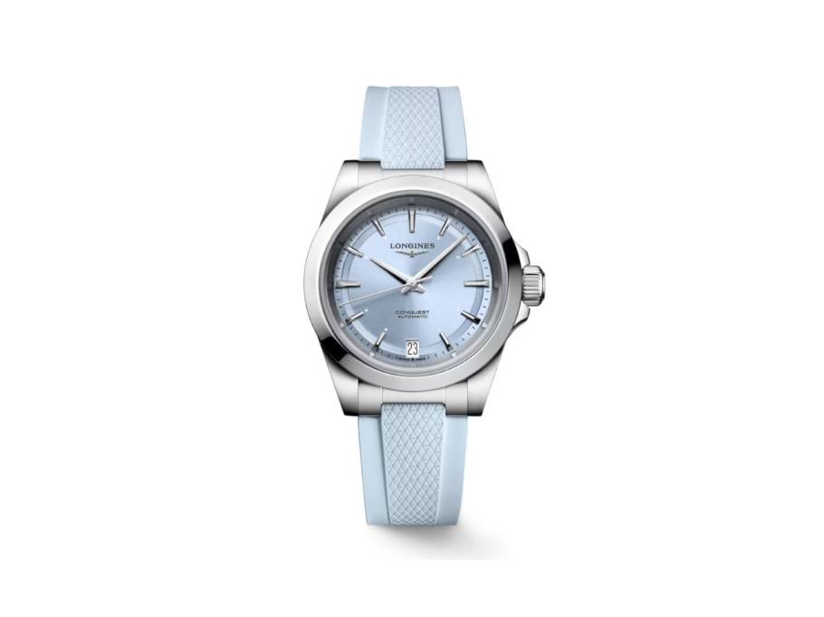 Conquest Automatik Edelstahl 34mm blaues Zifferblatt blaues Kautschukband