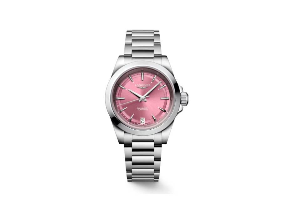 Conquest Automatik Edelstahl 34mm rosafarbenes Zifferblatt Metallband