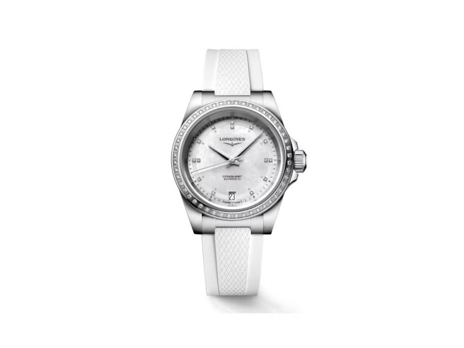 Conquest Automatik Edelstahl 34mm weißes Perlmutt-Zifferblatt weißes Kautschukband