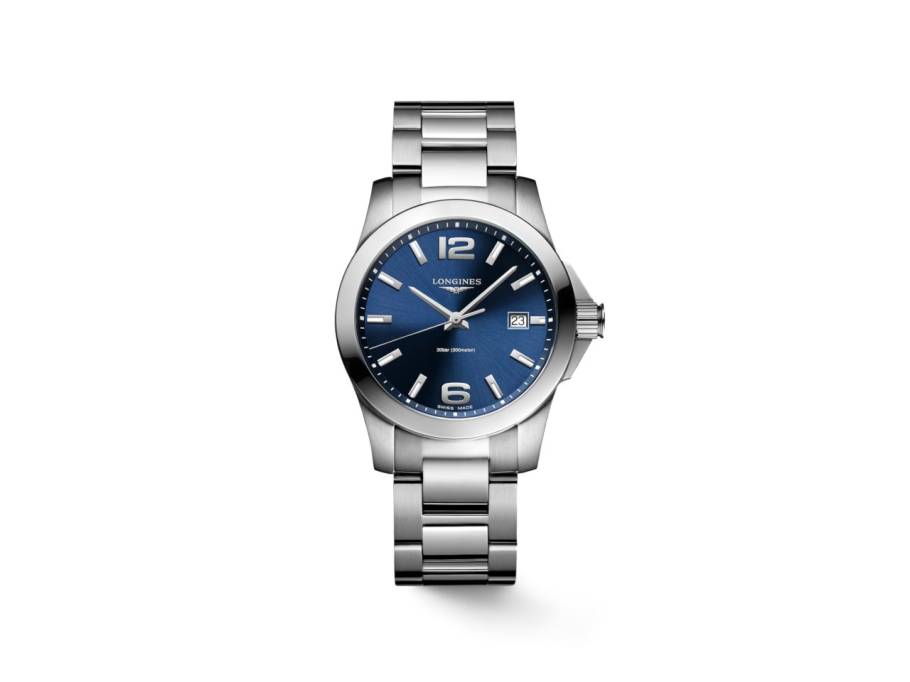 Conquest Quarz Edelstahl 34mm blaues Zifferblatt Metallband