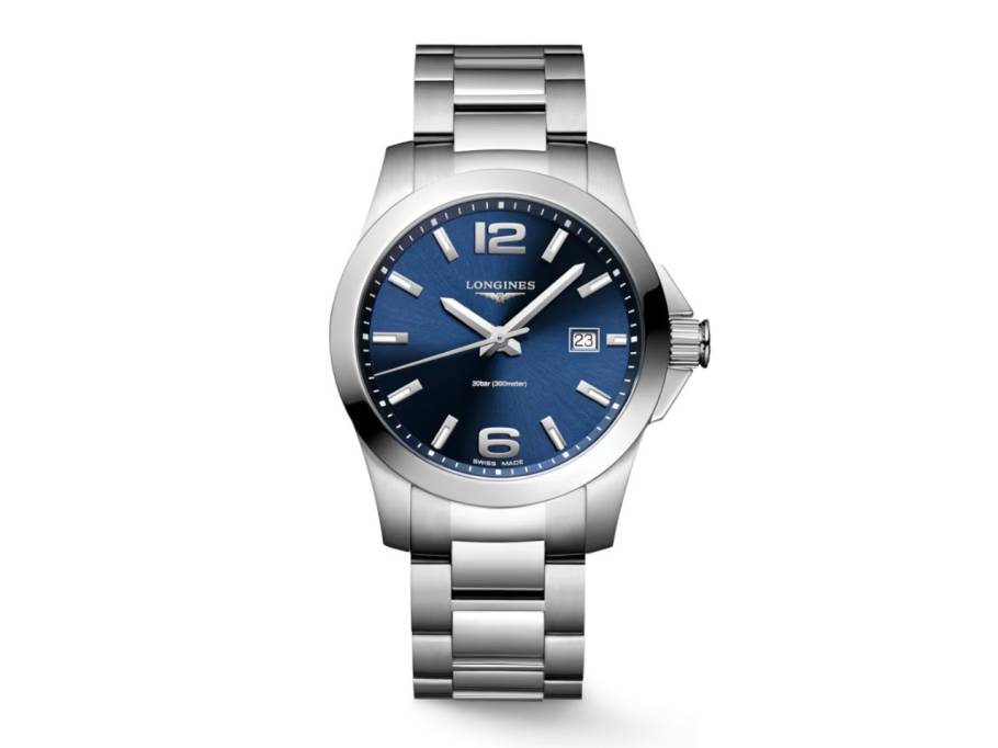 Conquest Quarz Edelstahl 41mm blaues Zifferblatt Metallband