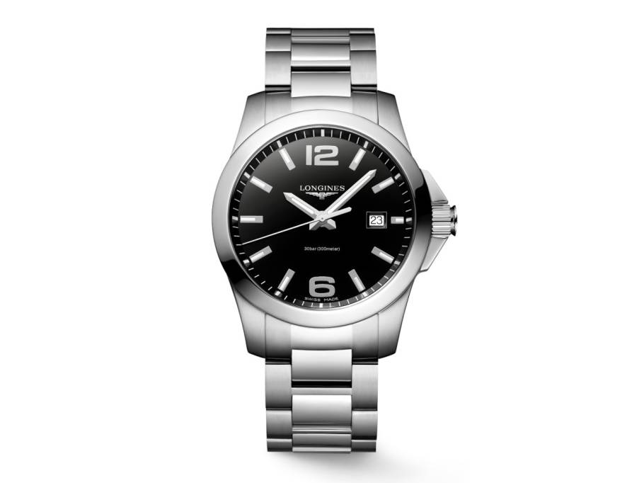 Conquest Quarz Edelstahl 41mm schwarzes Zifferblatt Metallband