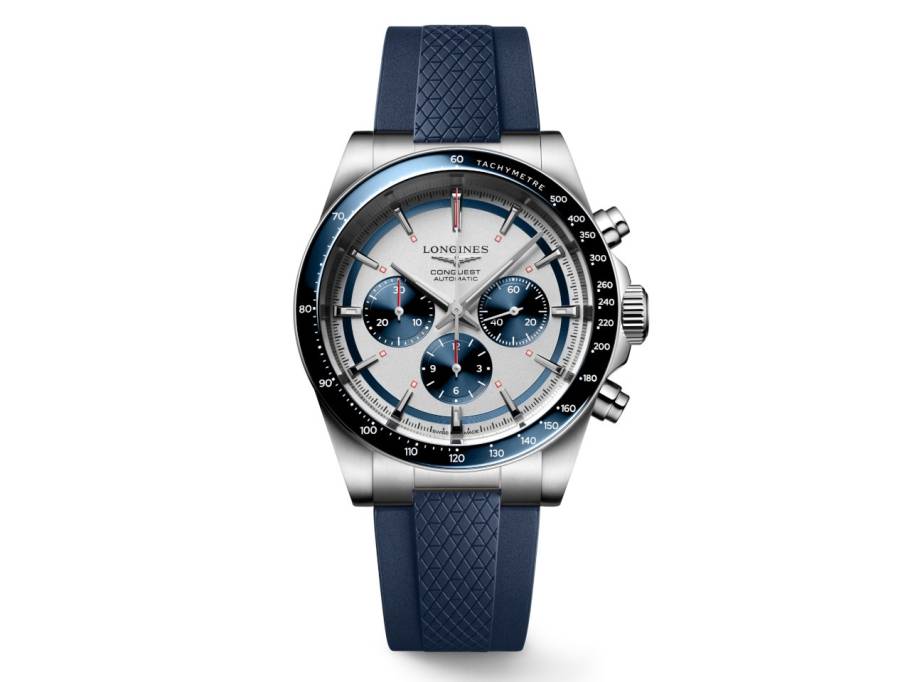 Conquest Chronograph Automatik Edelstahl 42mm weiß-blaues Zifferblatt blaues Kautschukband