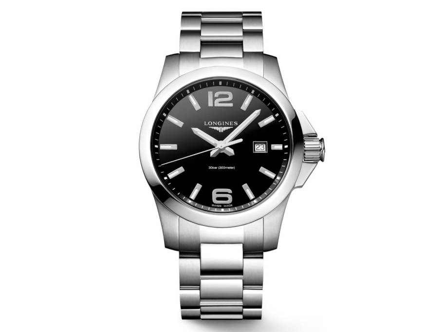 Conquest Quarz Edelstahl 43mm schwarzes Zifferblatt Metallband