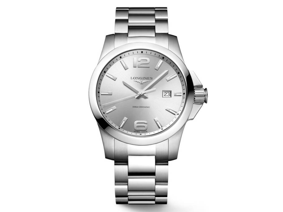 Conquest Quarz Edelstahl 43mm silberfarbenes Zifferblatt Metallband