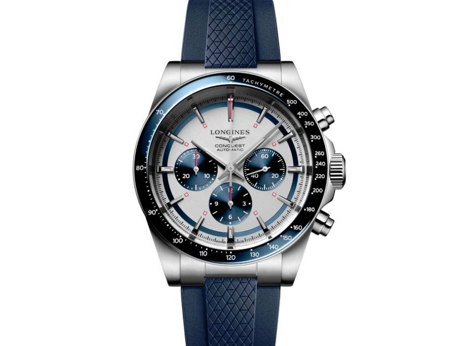 Conquest Chronograph Automatik Edelstahl 42mm weiß-blaues Zifferblatt blaues Kautschukband