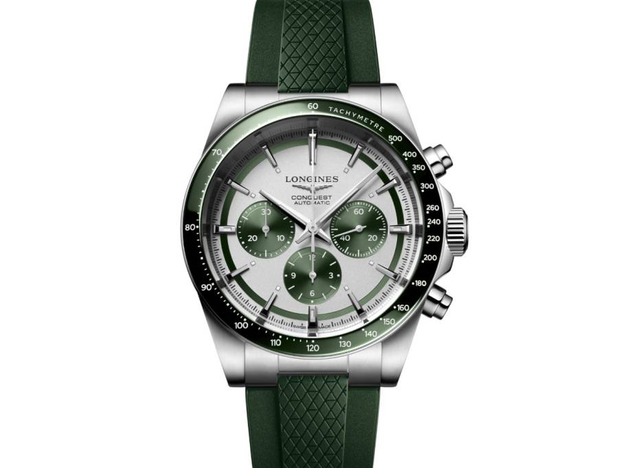 Conquest Chronograph Automatik Edelstahl 42mm weiß-grünes Zifferblatt grünes Kautschukband