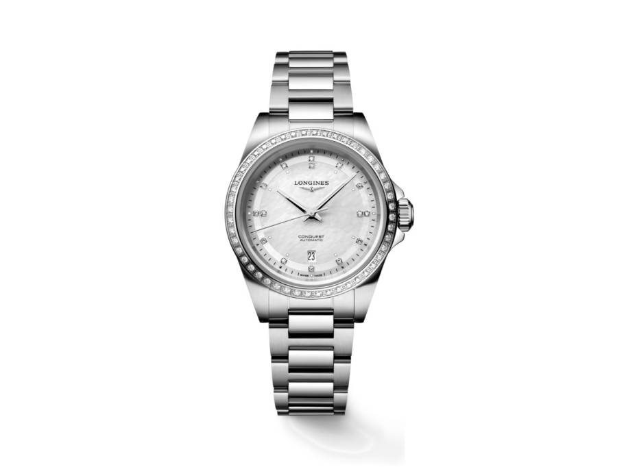 Conquest Automatik Edelstahl 30mm weißes Perlmutt-Zifferblatt Metallband