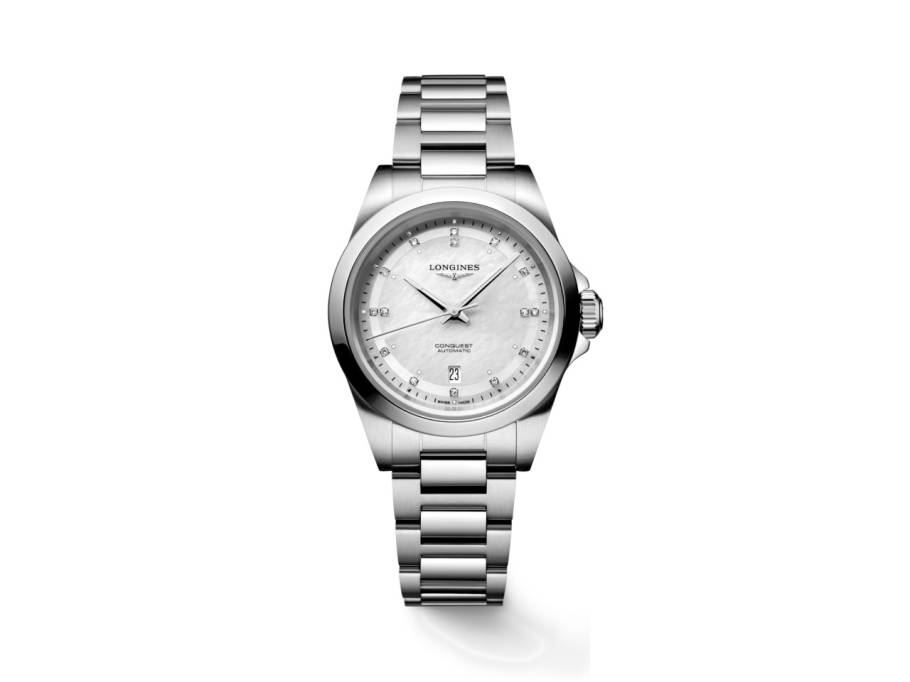 Conquest Automatik Edelstahl 30mm weißes Perlmutt-Zifferblatt Metallband