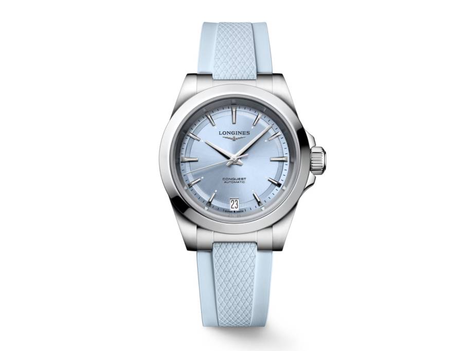 Conquest Automatik Edelstahl 34mm blaues Zifferblatt blaues Kautschukband