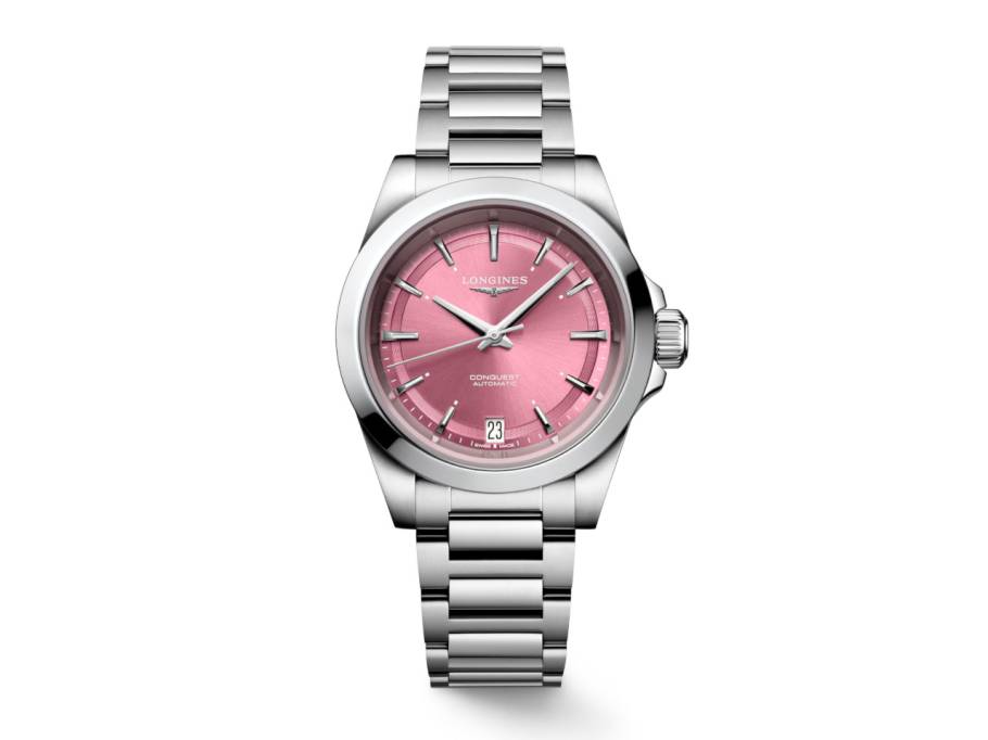 Conquest Automatik Edelstahl 34mm rosafarbenes Zifferblatt Metallband
