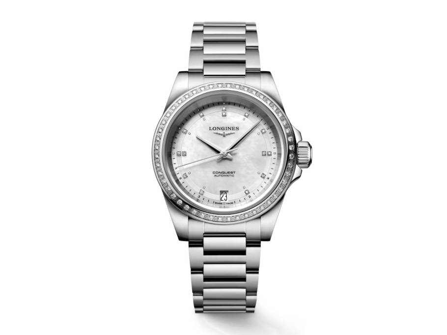 Conquest 2023 Automatik Edelstahl 34mm Diamant-Lünette Perlmutt-Zifferblatt Metallband
