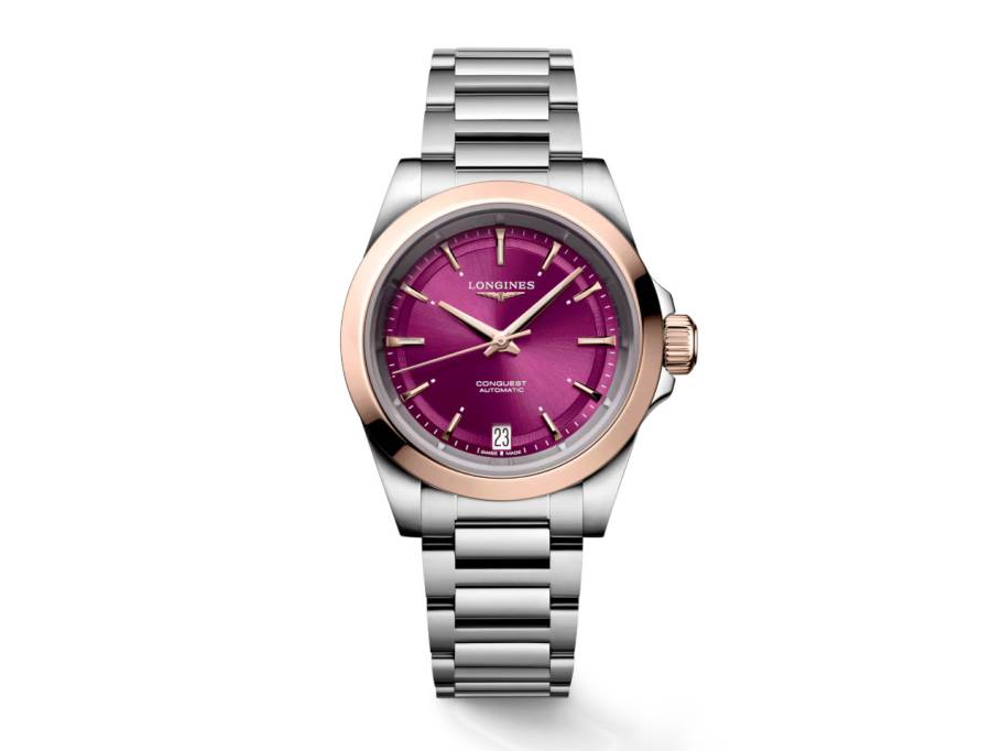 Conquest Automatik Edelstahl 34mm magentafarbenes Zifferblatt Metallband