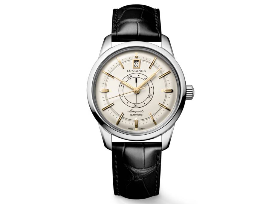 Conquest Heritage Central Power Reserve Automatik Edelstahl 38mm champagnerfarbenes Zifferblatt schwarzes Lederband