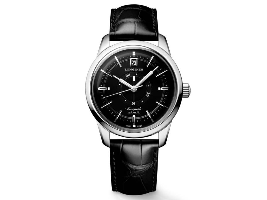 Conquest Heritage Central Power Reserve Automatik Edelstahl 38mm schwarzes Zifferblatt schwarzes Lederband