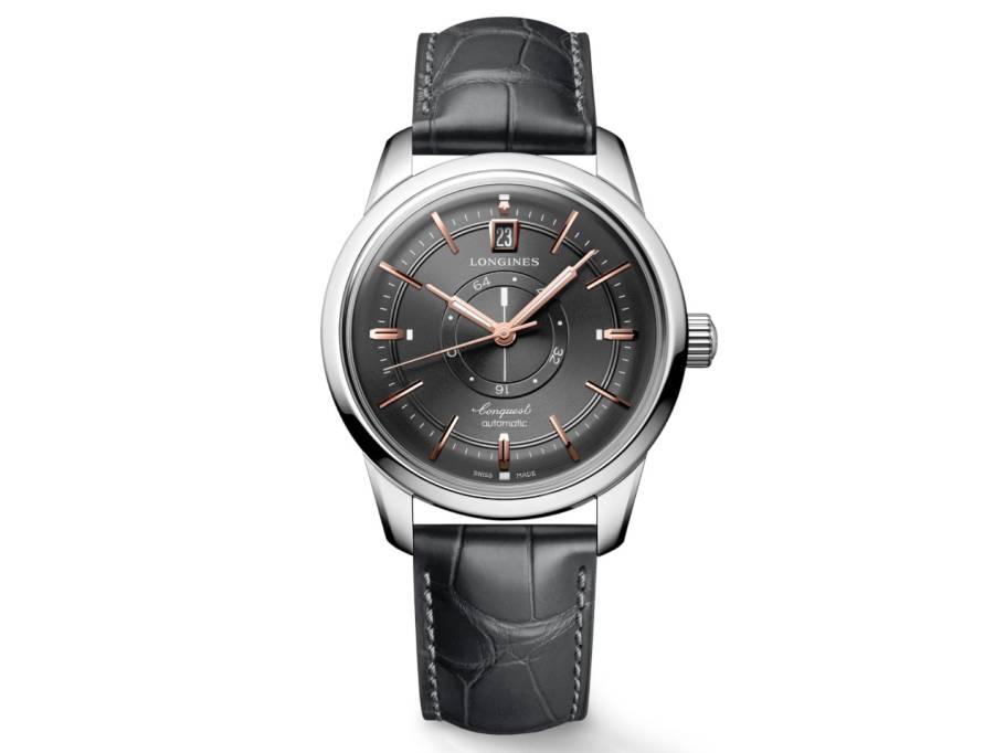 Conquest Heritage Central Power Reserve Automatik Edelstahl 38mm anthrazitfarbenes Zifferblatt schwarzes Lederband