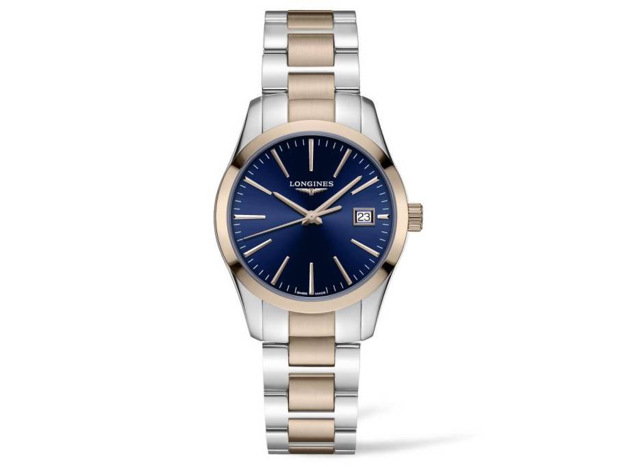 Conquest Classic Damenuhr Quarz Stahl rose PVD blau Edelstahlband
