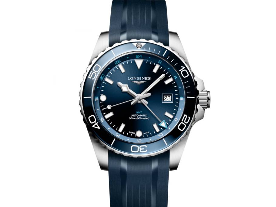 HydroConquest GMT Automatik Edelstahl 43mm blaues Zifferblatt blaues Kautschukband