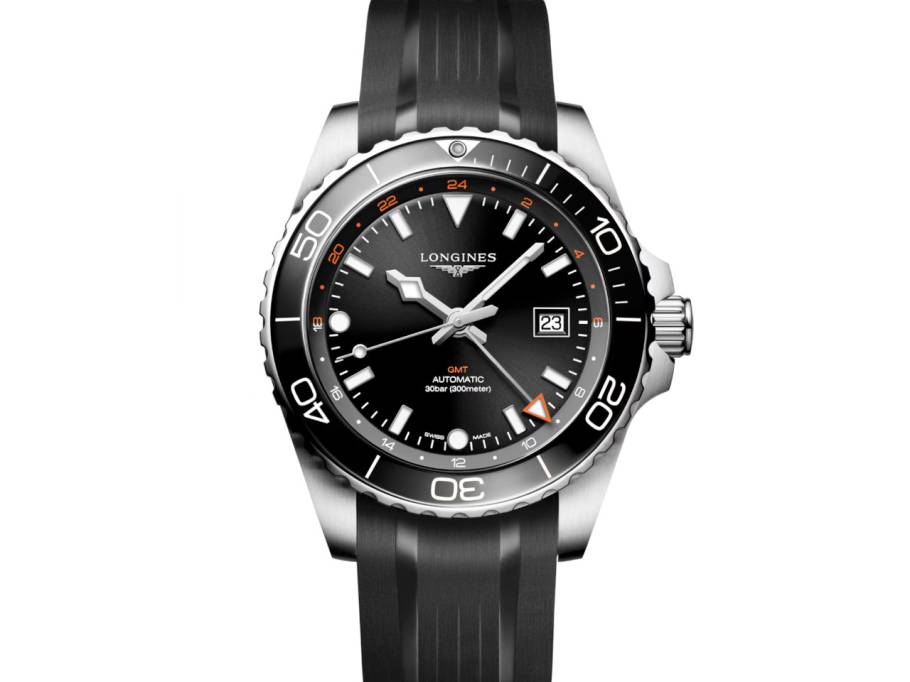 HydroConquest GMT Automatik Edelstahl 43mm schwarzes Zifferblatt schwarzes Kautschukband