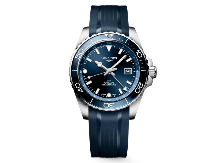 HydroConquest GMT Automatik Edelstahl 43mm blaues Zifferblatt blaues Kautschukband