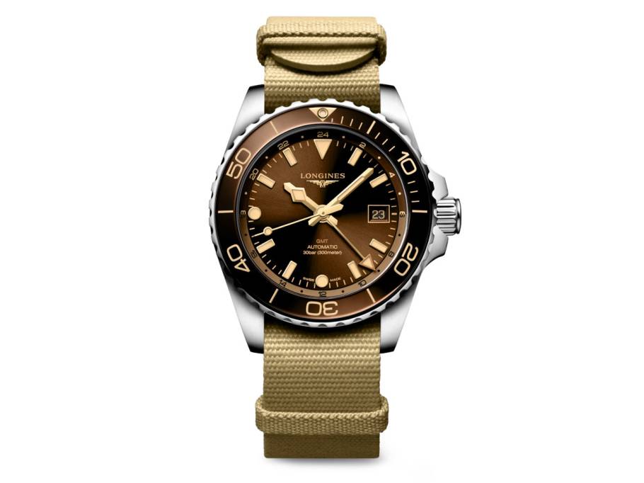 HydroConquest GMT Automatik Edelstahl 41mm braunes Zifferblatt beiges Textilband