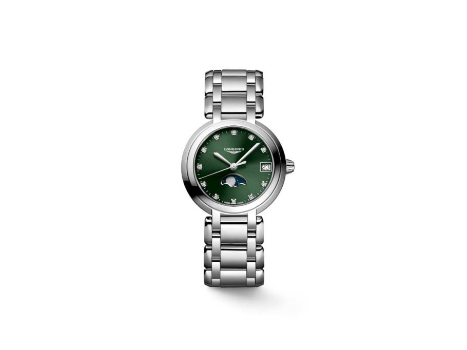 PrimaLuna Mondphase Quarz Edelstahl 30mm grünes Zifferblatt mit Brillanten Metallband