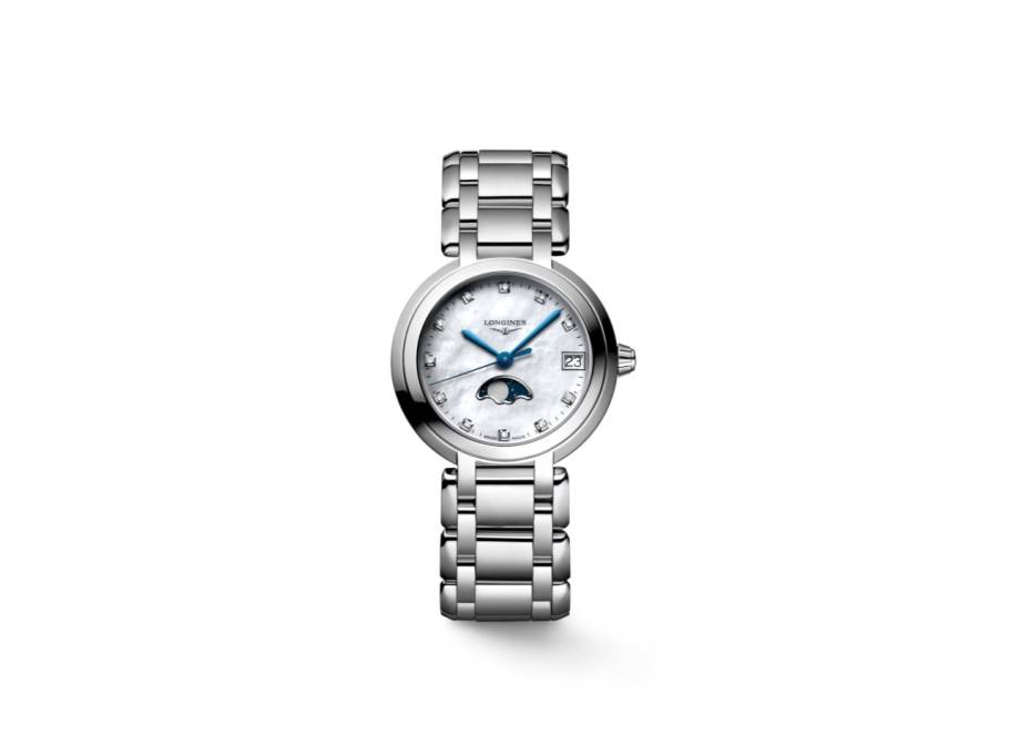 PrimaLuna Mondphase Quarz Edelstahl 30mm Perlmutt-Zifferblatt mit Brillanten Metallband