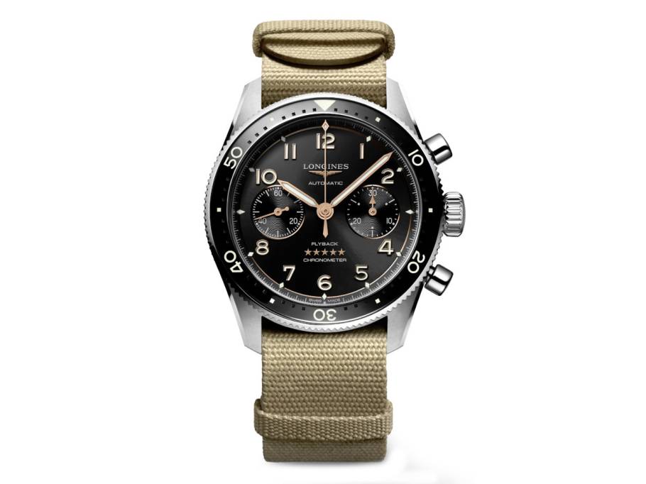   Spirit Flyback Chronograph Automatik Edelstahl 42mm schwarzes Zifferblatt beiges Textilband