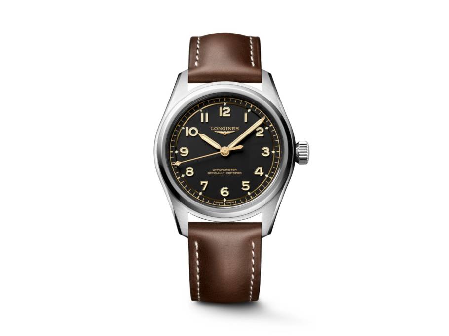 Spirit Pilot Automatik Edelstahl 39mm schwarzes Zifferblatt braunes Lederband